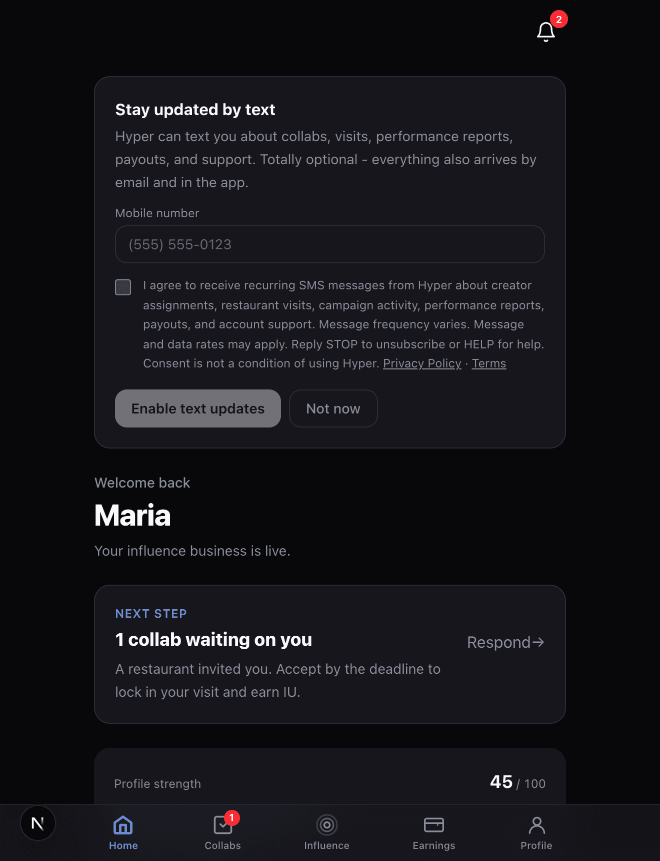 Hyper's optional SMS opt-in step shown after sign-in, with the consent checkbox unchecked