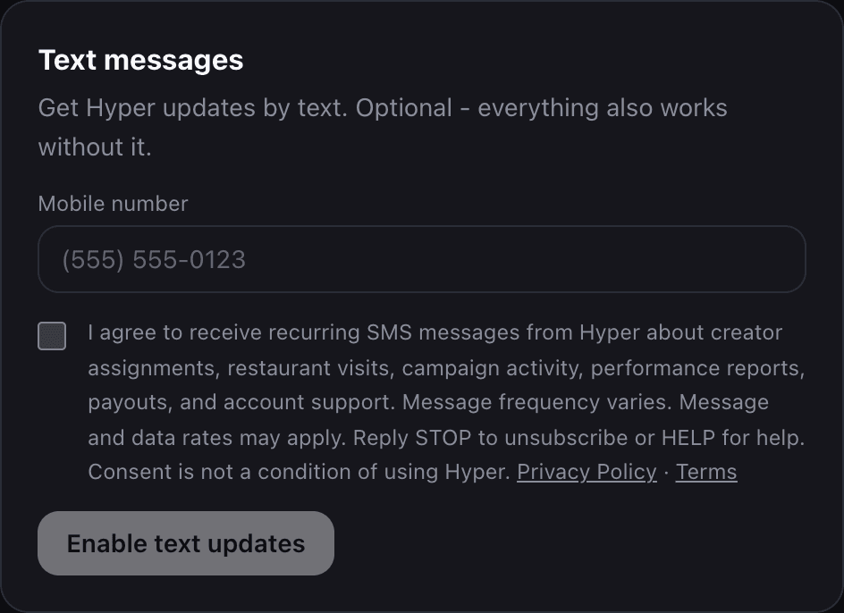 The Text messages panel in Hyper account settings, with the consent checkbox unchecked
