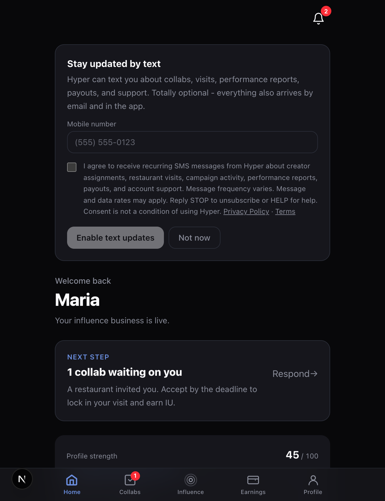 Hyper's optional SMS opt-in step shown after sign-in, with the consent checkbox unchecked