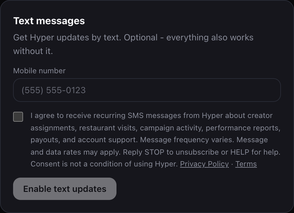 The Text messages panel in Hyper account settings, with the consent checkbox unchecked